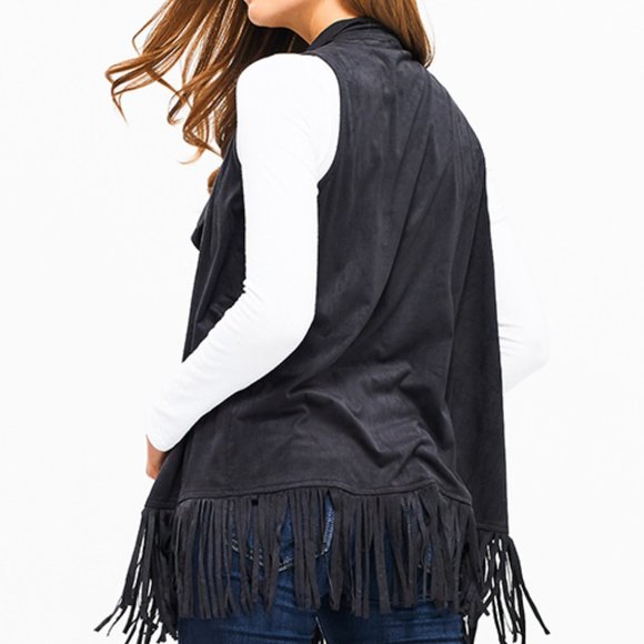 Countess Faux Suede Waterfall Collar Open Front Fringe Vest - Picture 5 of 7